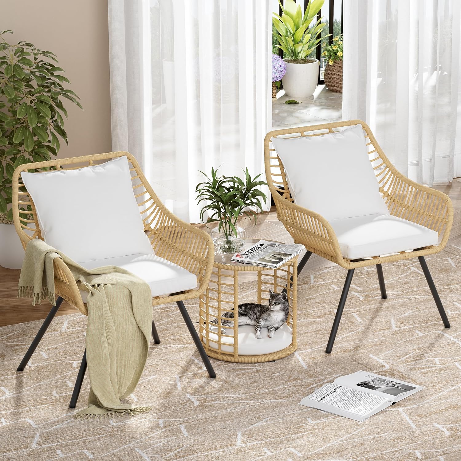 PAKASEPT Rattan Patio Conversation Set with White Cushions