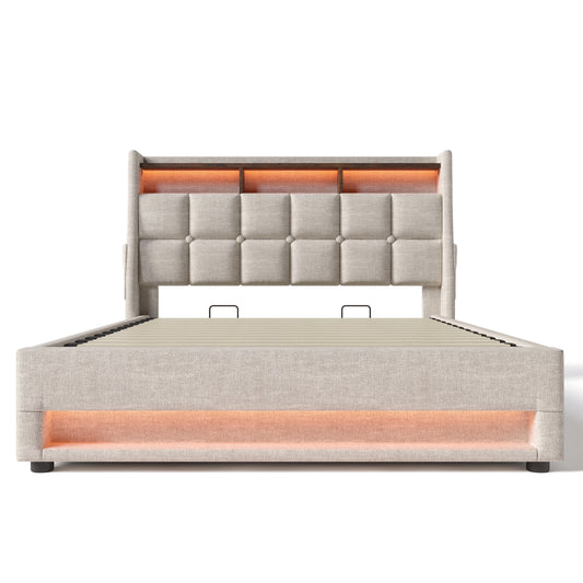 Bybafun Full Beige Tufted Bed Frame Storage with Headboard