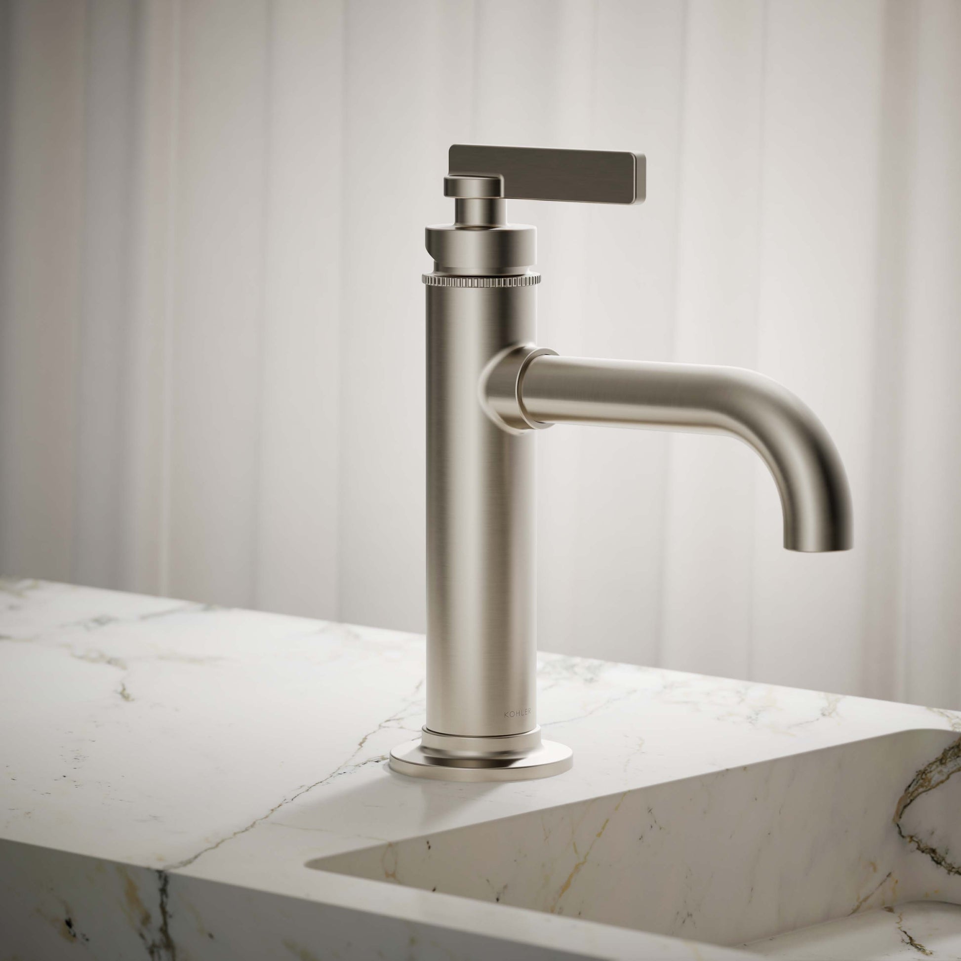 KOHLER Castia by Studio McGee Vibrant Brushed Nickel Single hole 1-handle Low-arc Residential Handle Bathroom Sink Faucet with Drain with Deck Plate