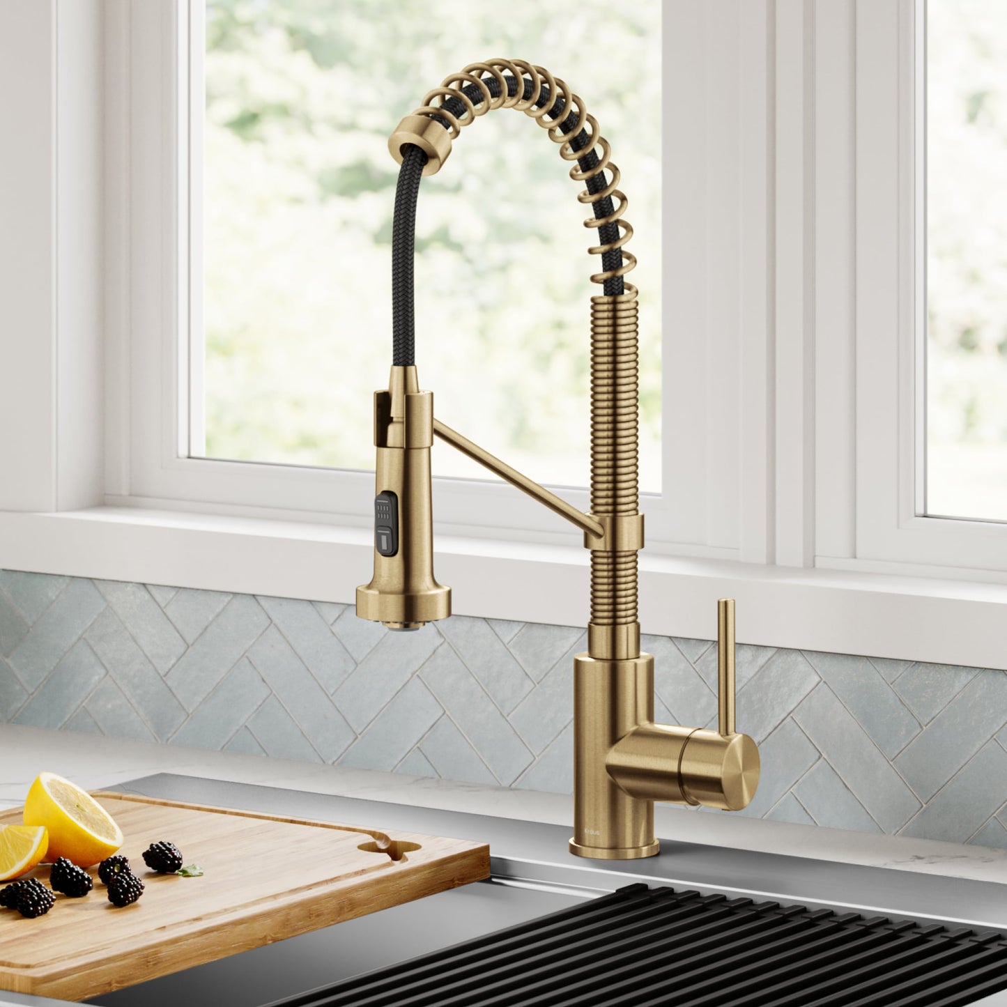 Kraus Bolden Brushed Brass Single Handle Deck-mount Pull-down Kitchen Faucet with Sprayer