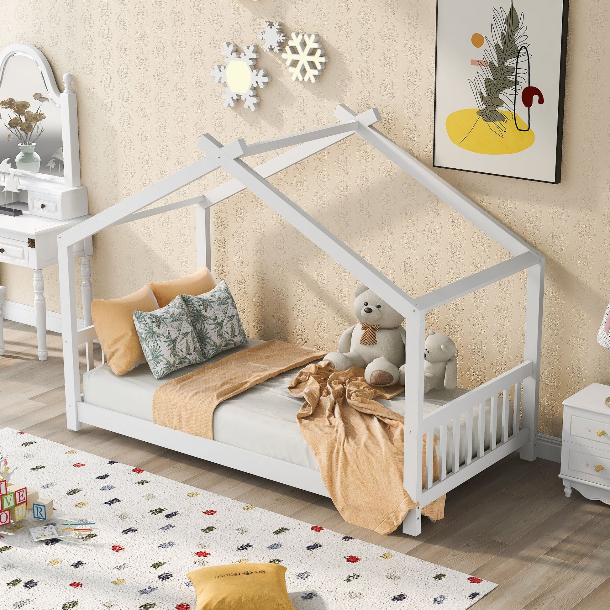 Yiekholo Twin White Wood Bed Frame with Headboard