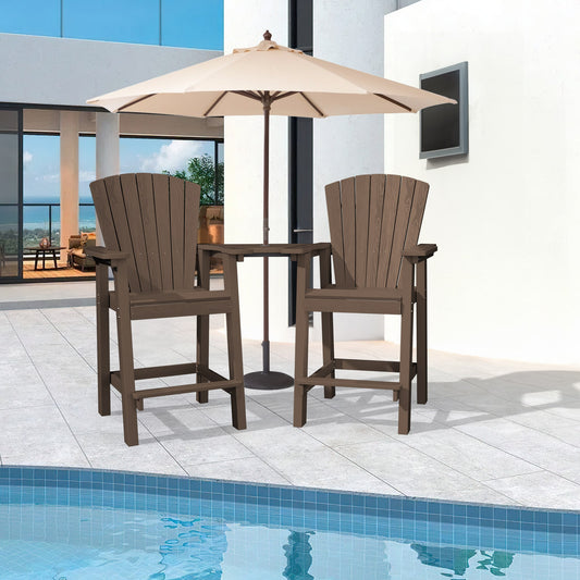 VOUA Patio HDPE Tall Bar Set With Umbrella Hole Set of 2 Coffee HDPE Frame Stationary Adirondack Chair with Slat Seat