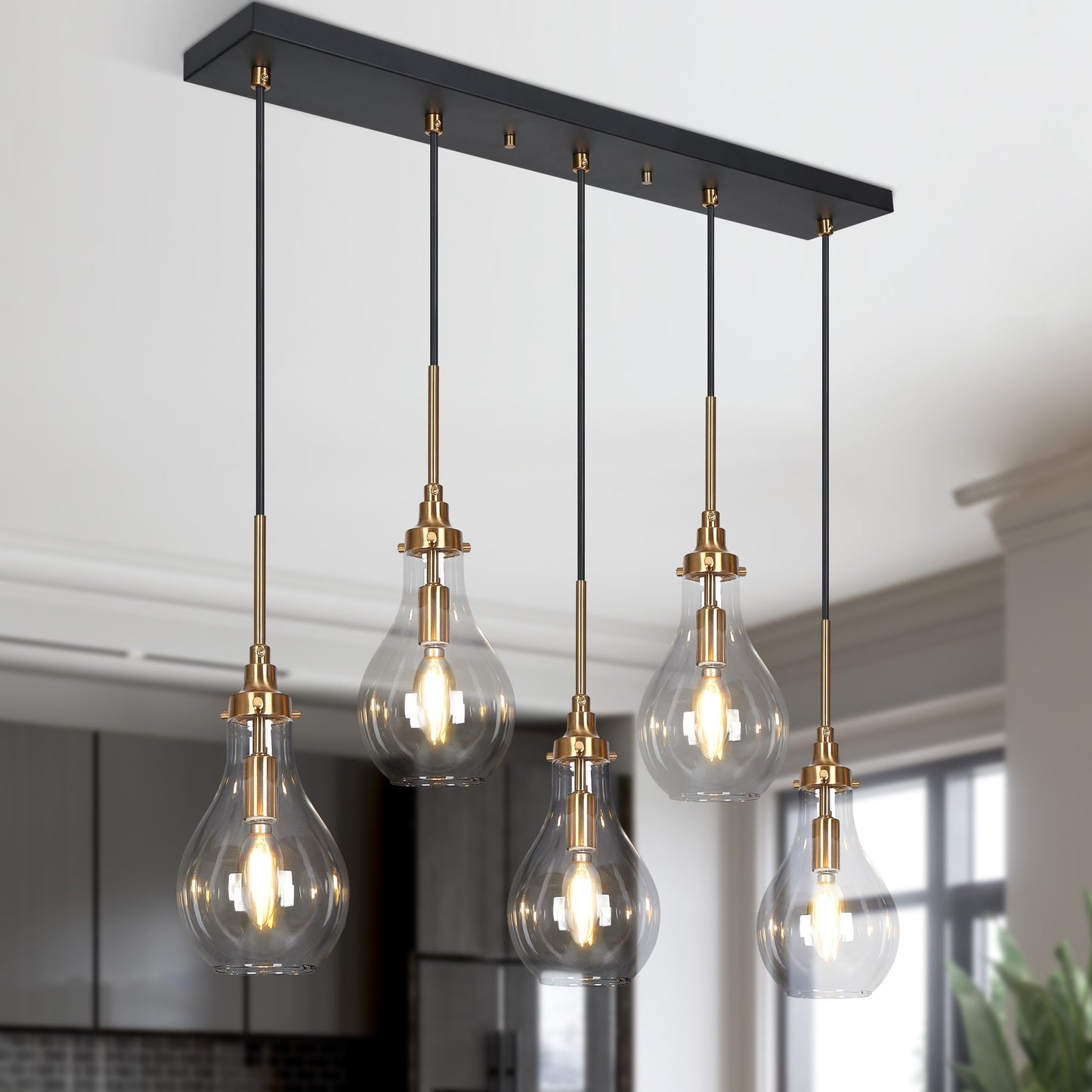 Uolfin 5 -Light Black and Copper Cluster Large Chandelier Modern/contemporary Clear glass Linear Large Hanging Kitchen island light