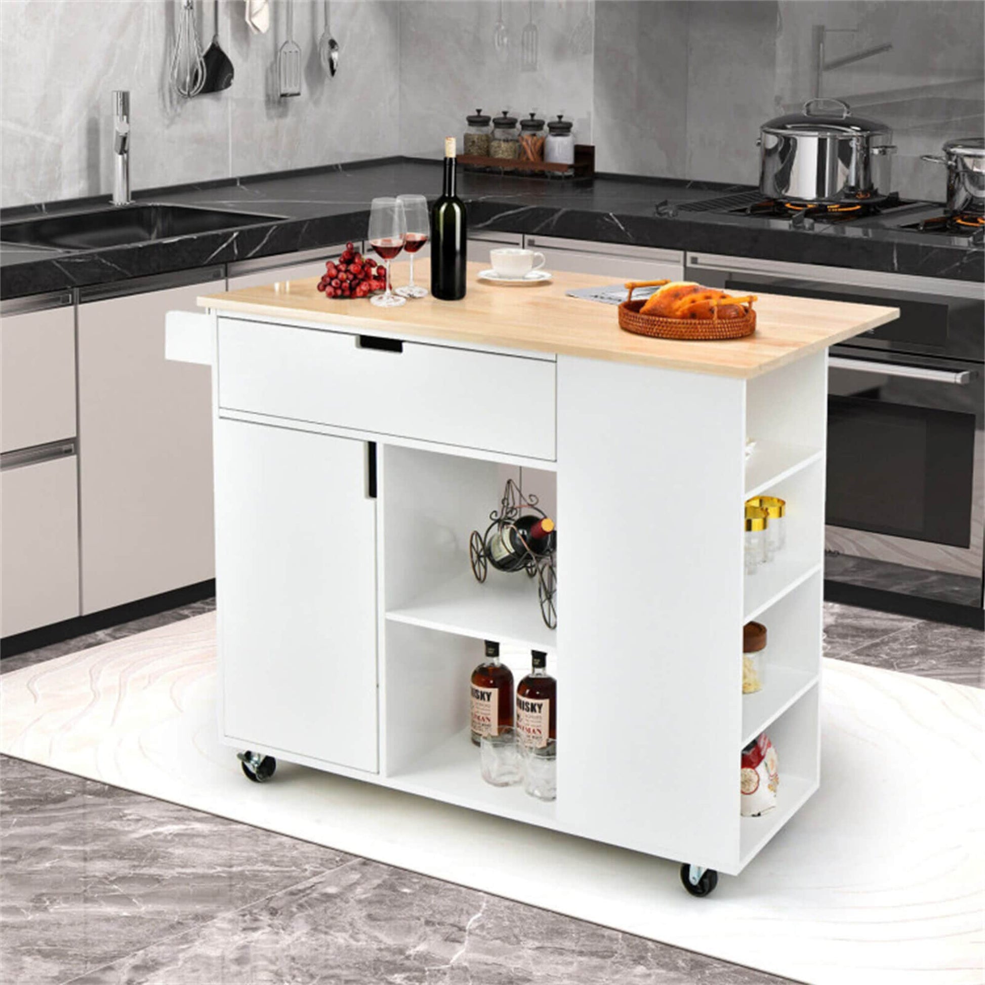 BABOOM White MDF Base with Wood Rolling Kitchen Island ( 30-in x 49-in x 36-in )
