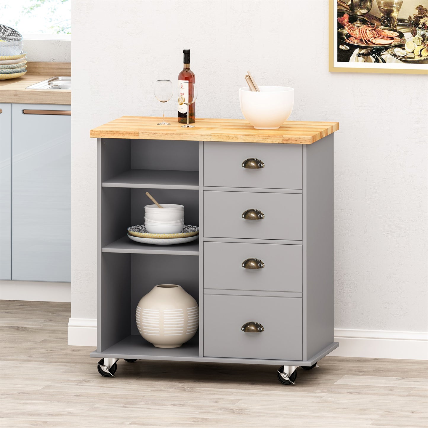 BABOOM Gray Wood Base with Wood Rolling Kitchen Cart ( 17.75-in x 31.5-in x 34.5-in )
