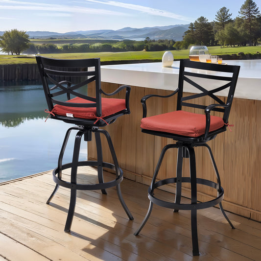 Crestlive Products Sunbrella Cast Aluminum Set of 2 Brown Swivel Bar Stool Chair with Red Cushioned Seat
