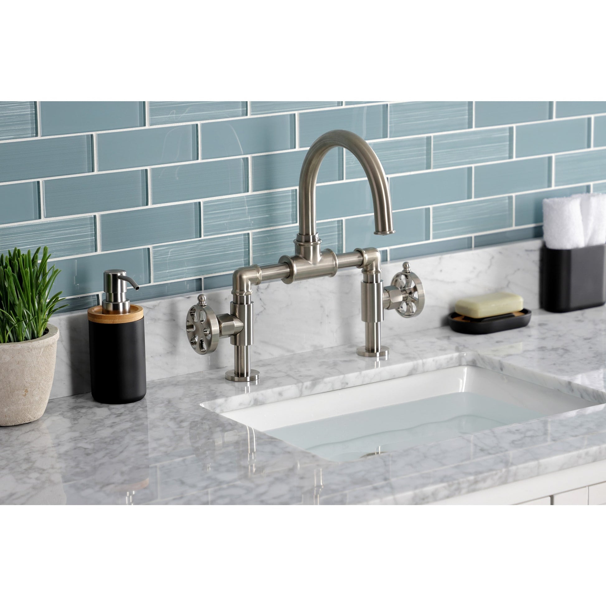 Kingston Brass Belknap Brushed nickel 2-hole 2-handle High-arc Residential Handle Bathroom Sink Faucet with Drain