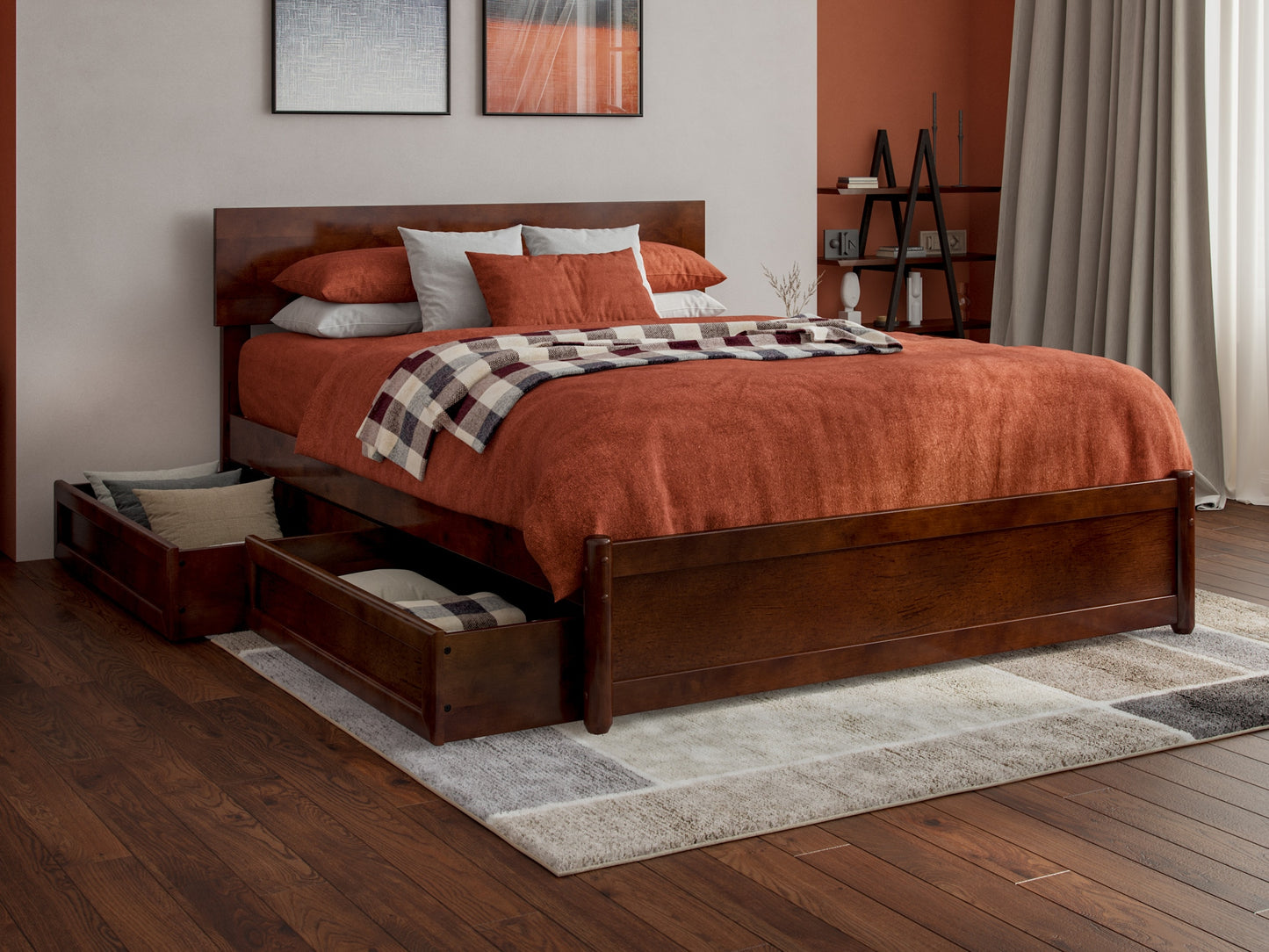 AFI Full Walnut Wood Platform Bed Storage with Headboard