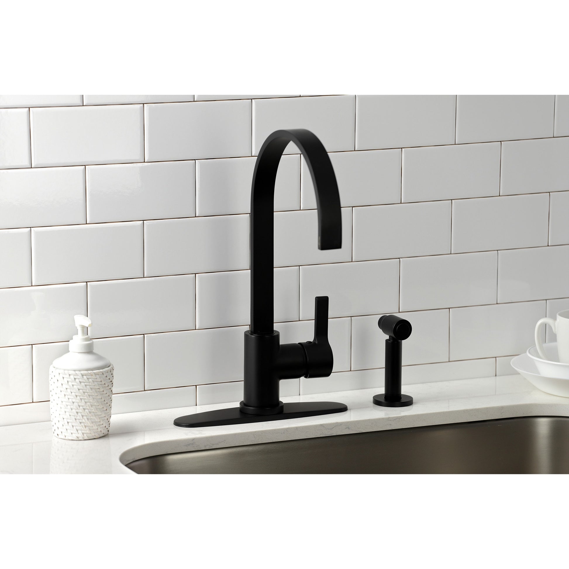 Kingston Brass Continental Matte black Single Handle Deck-mount Kitchen Faucet with Sprayer (Includes Deck Plate) (Includes Side Sprayer)