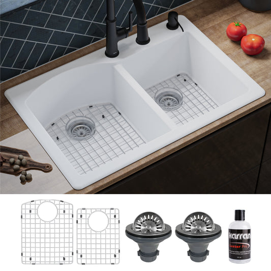 Karran Drop-in or undermount 33-in x 22-in Quartz Double offset bowl Kitchen Sink