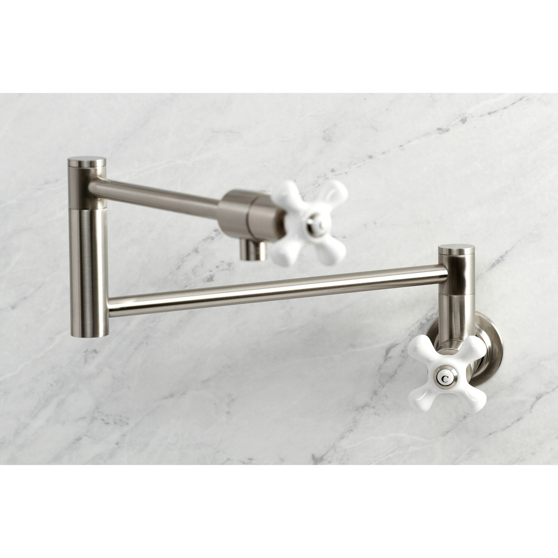 Kingston Brass Metropolitan Brushed nickel Double Handle Wall-mount Pot Filler Kitchen Faucet with Sprayer