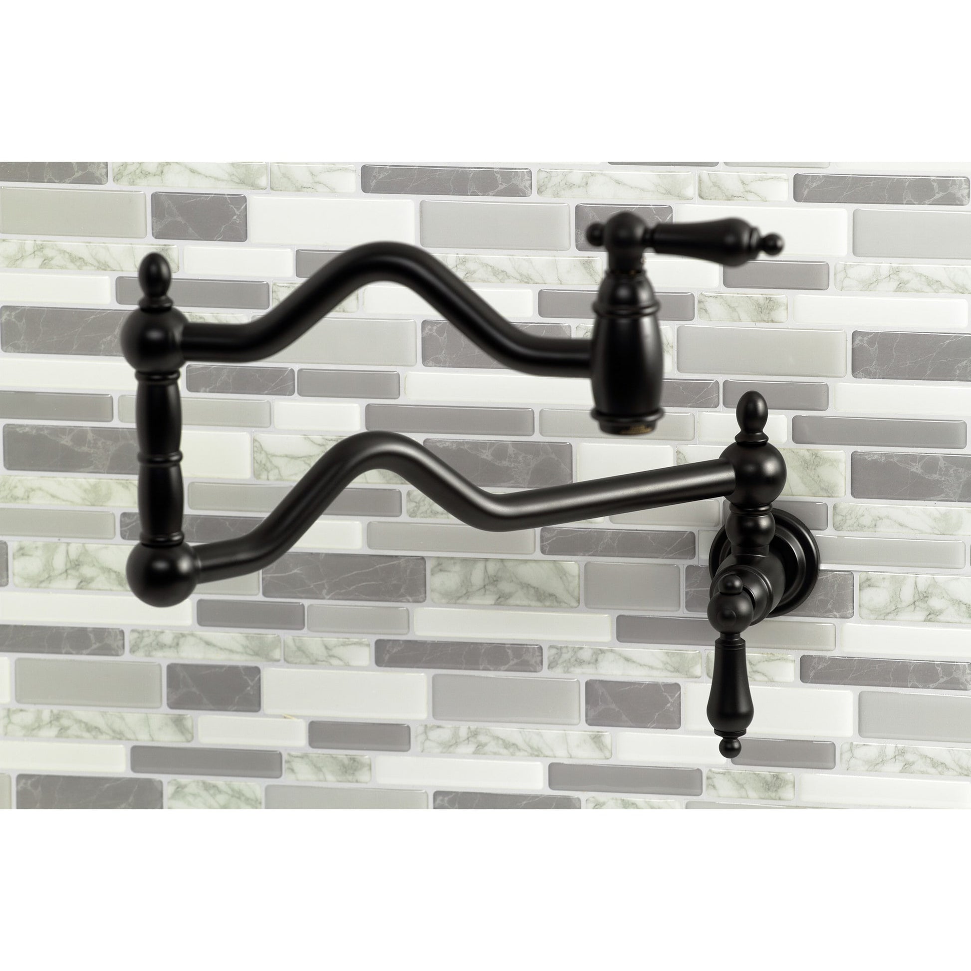 Kingston Brass Heritage Matte black Double Handle Wall-mount Pot Filler Kitchen Faucet with Sprayer