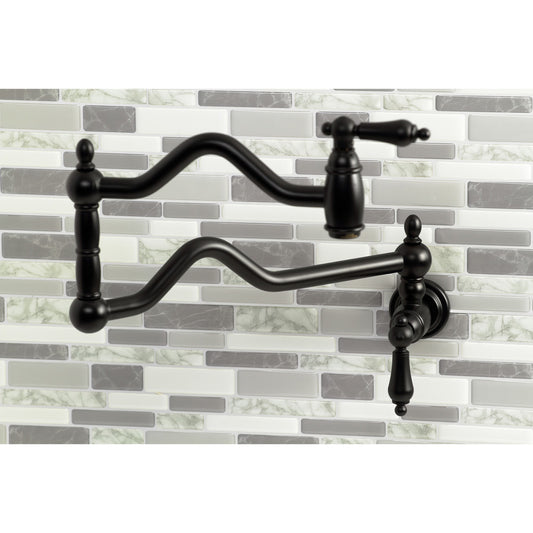 Kingston Brass Heritage Matte black Double Handle Wall-mount Pot Filler Kitchen Faucet with Sprayer