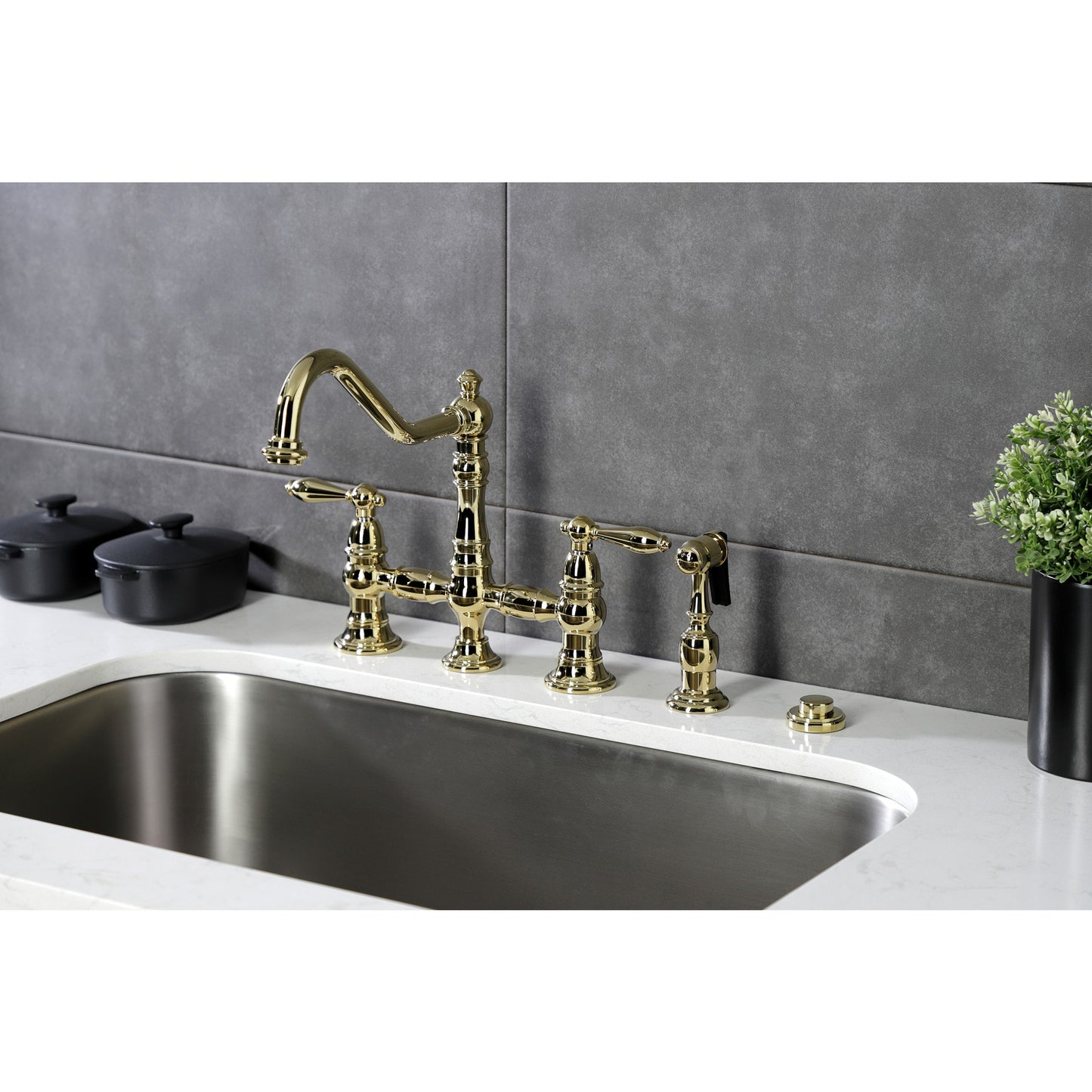 Kingston Brass Restoration Polished brass Double Handle Deck-mount Bridge Kitchen Faucet with Sprayer (Includes Side Sprayer)