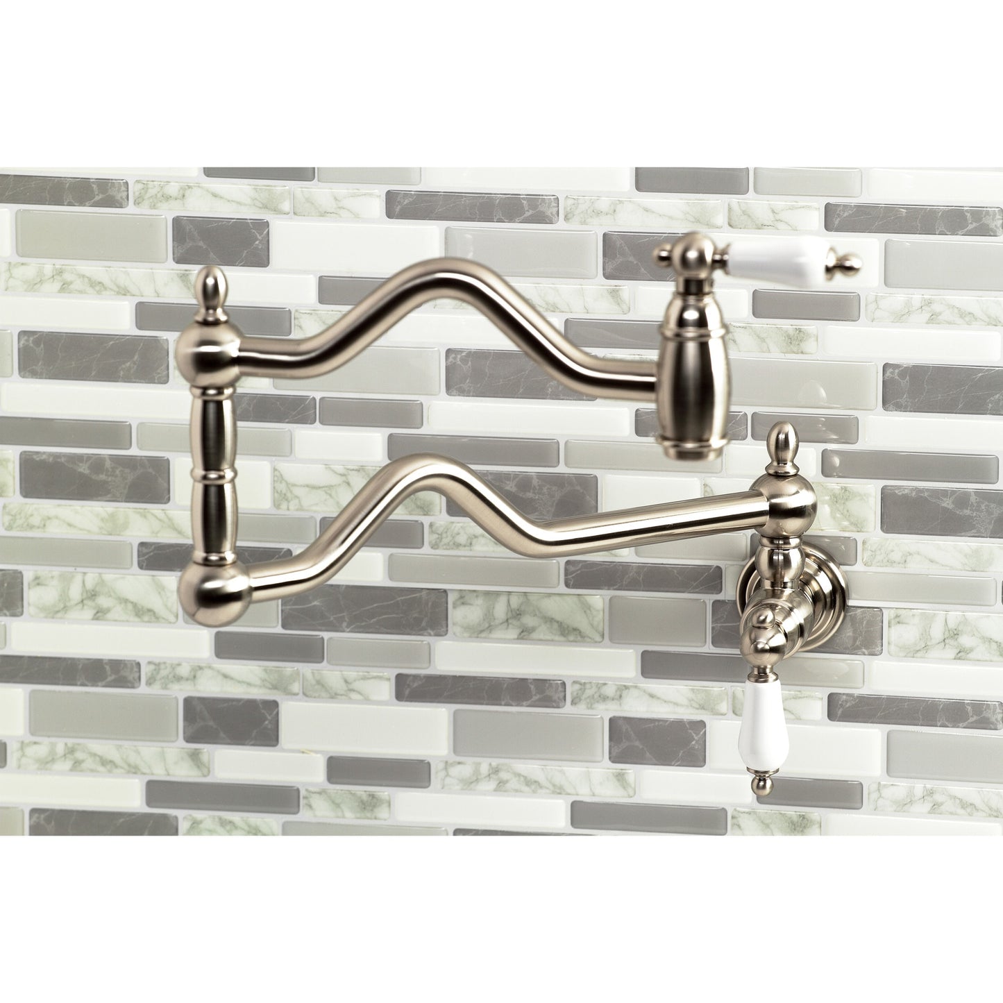 Kingston Brass Heritage Brushed nickel Double Handle Wall-mount Pot Filler Kitchen Faucet with Sprayer