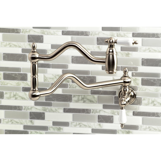 Kingston Brass Heritage Brushed nickel Double Handle Wall-mount Pot Filler Kitchen Faucet with Sprayer