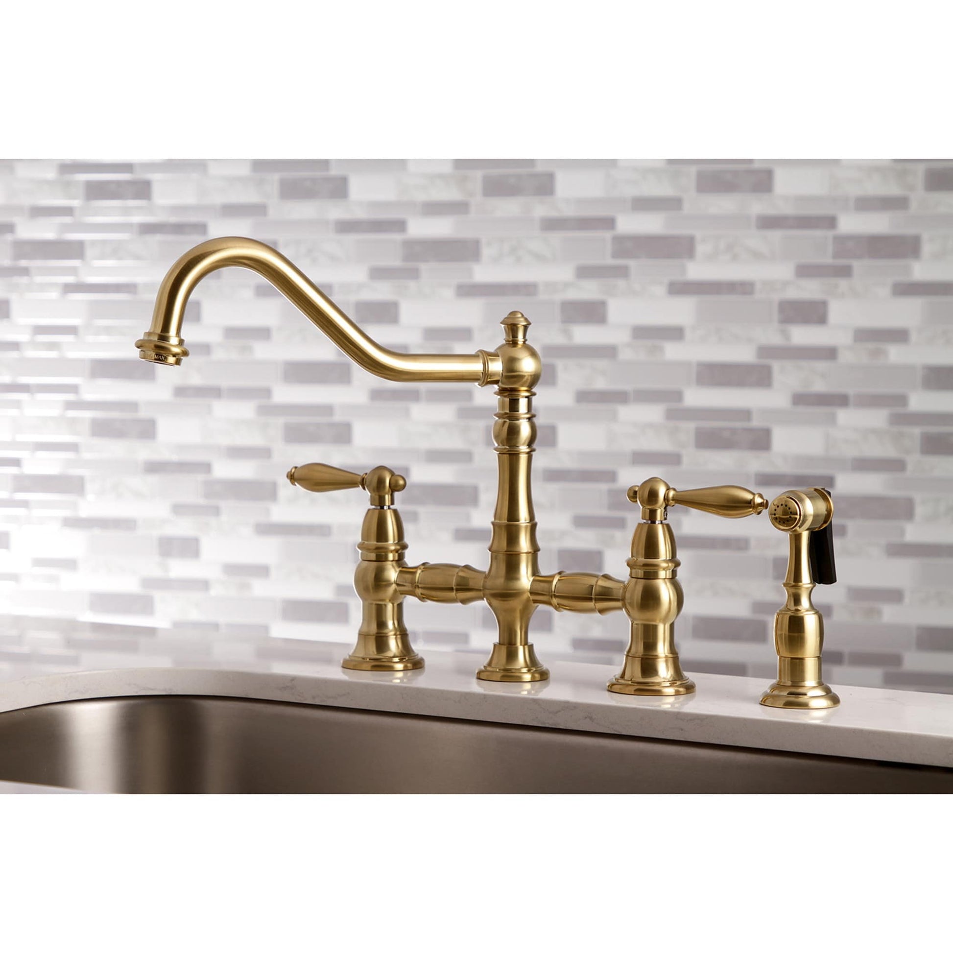 Kingston Brass Restoration Brushed brass Double Handle Deck-mount Bridge Kitchen Faucet with Sprayer (Includes Side Sprayer)
