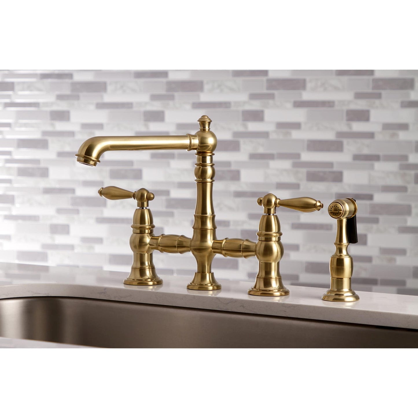 Kingston Brass English Country Brushed brass Double Handle Deck-mount Bridge Kitchen Faucet with Sprayer (Includes Side Sprayer)