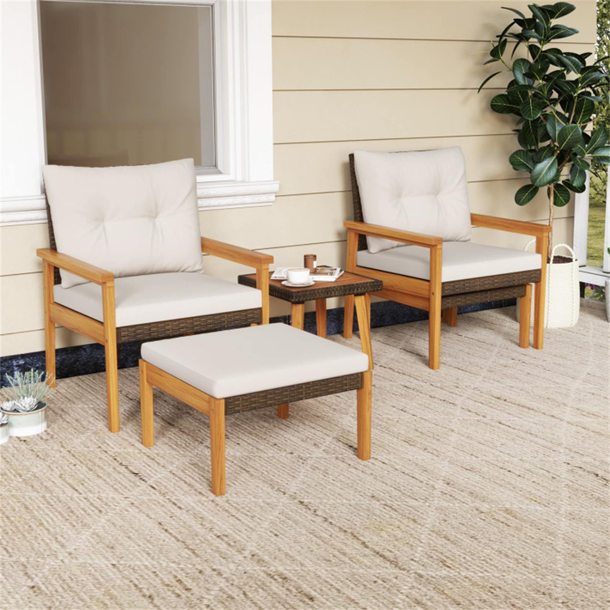 BABOOM Rattan Patio Conversation Sets 5 -Piece Rattan Patio Conversation Set with Off-white Cushions