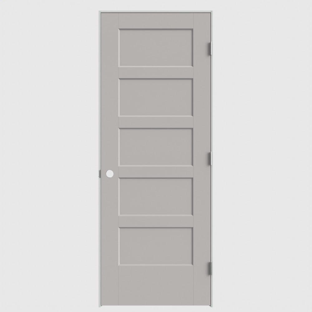 Masonite 30-in x 80-in Driftwood Solid core 5-panel Left hand Smooth Prefinished Molded composite Flat Jamb Single Prehung Interior Door with