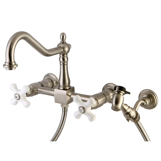 Kingston Brass Brushed Nickel Double Handle Wall-mount Kitchen Faucet (Includes Side Sprayer)