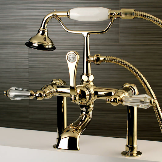 Kingston Brass Wilshire Polished brass 3-handle Deck-mount Roman Low-arc Bathtub Faucet with Hand Shower ( Valve Included )