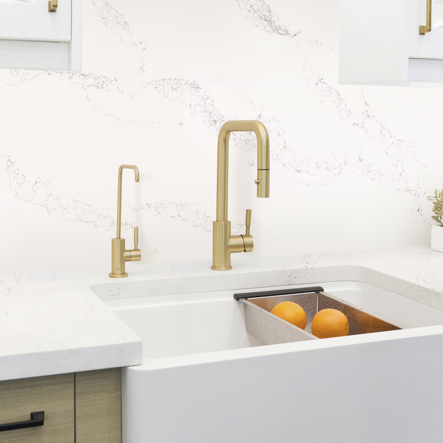 Stylish Combo Brushed Gold Single Handle Deck-mount Kitchen Faucet with Sprayer
