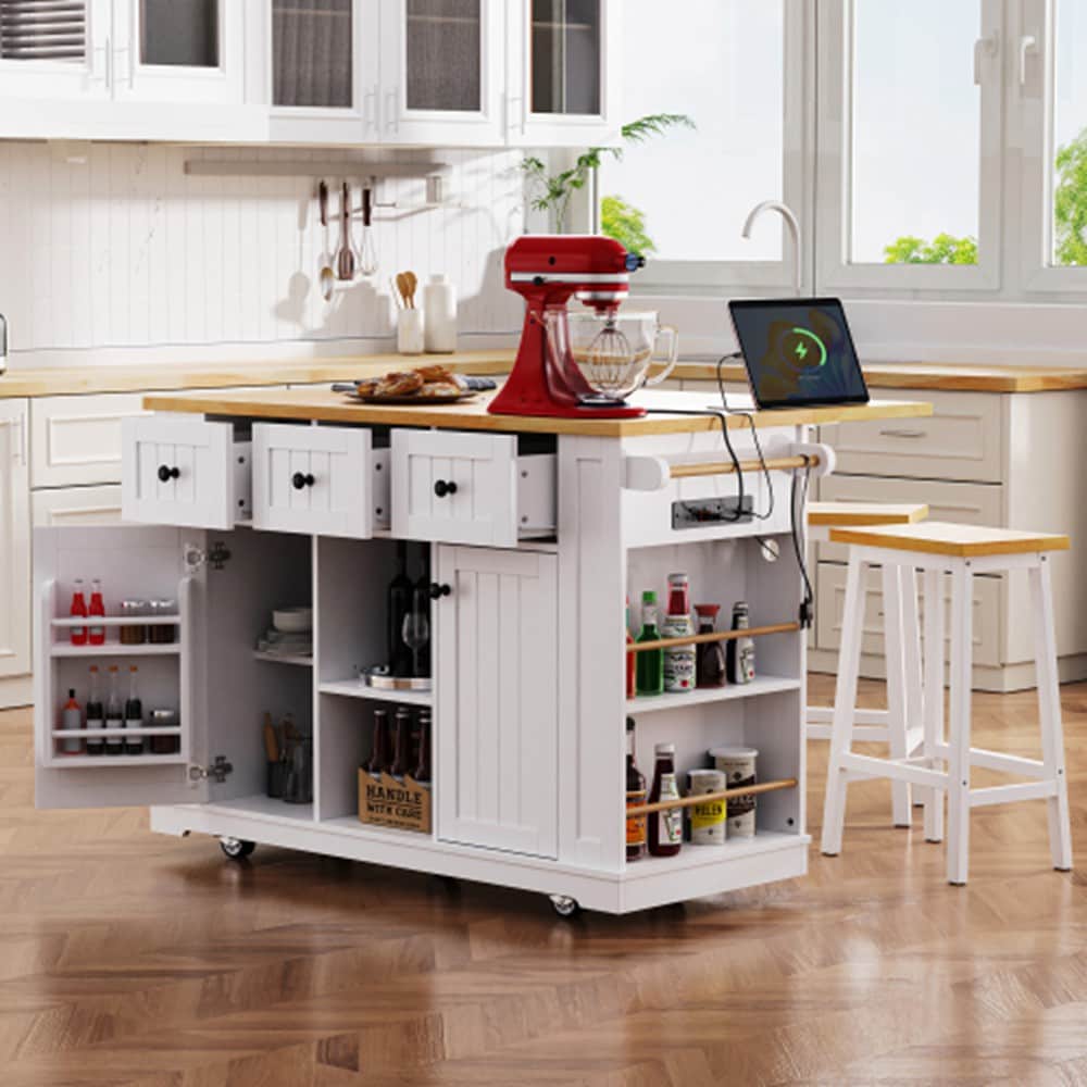Runesay White MDF Base with MDF Wood Top Rolling Kitchen Island ( 29.52-in x 53.14-in x 36.4-in )