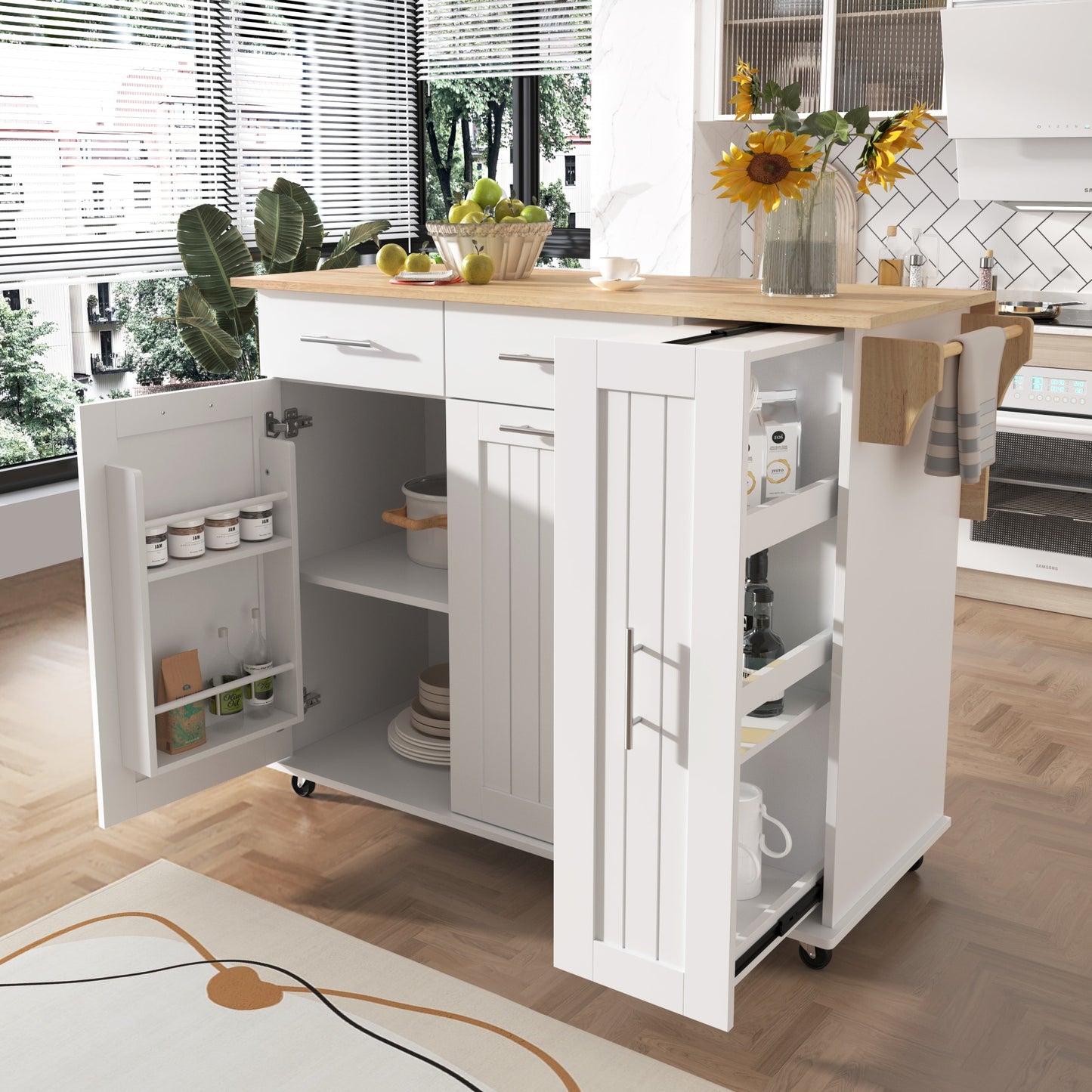 BABOOM White MDF Base with Wood Rolling Kitchen Island ( 29.5-in x 46-in x 37-in )
