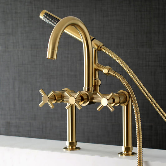 Kingston Brass Concord Brushed brass 3-handle Deck-mount Roman High-arc Bathtub Faucet with Hand Shower ( Valve Included )