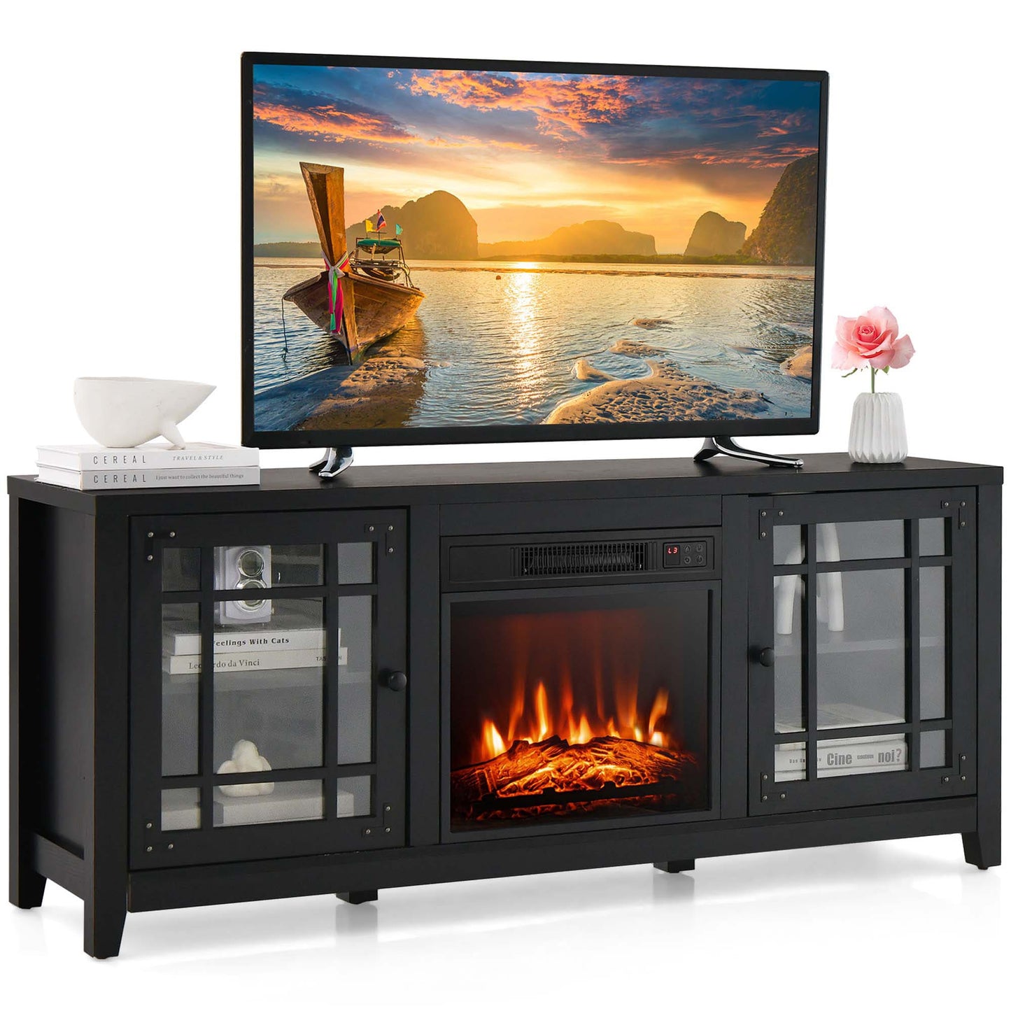 Costway 15-in W Black TV Stand with Infrared quartz Flat wall with Remote Control Included