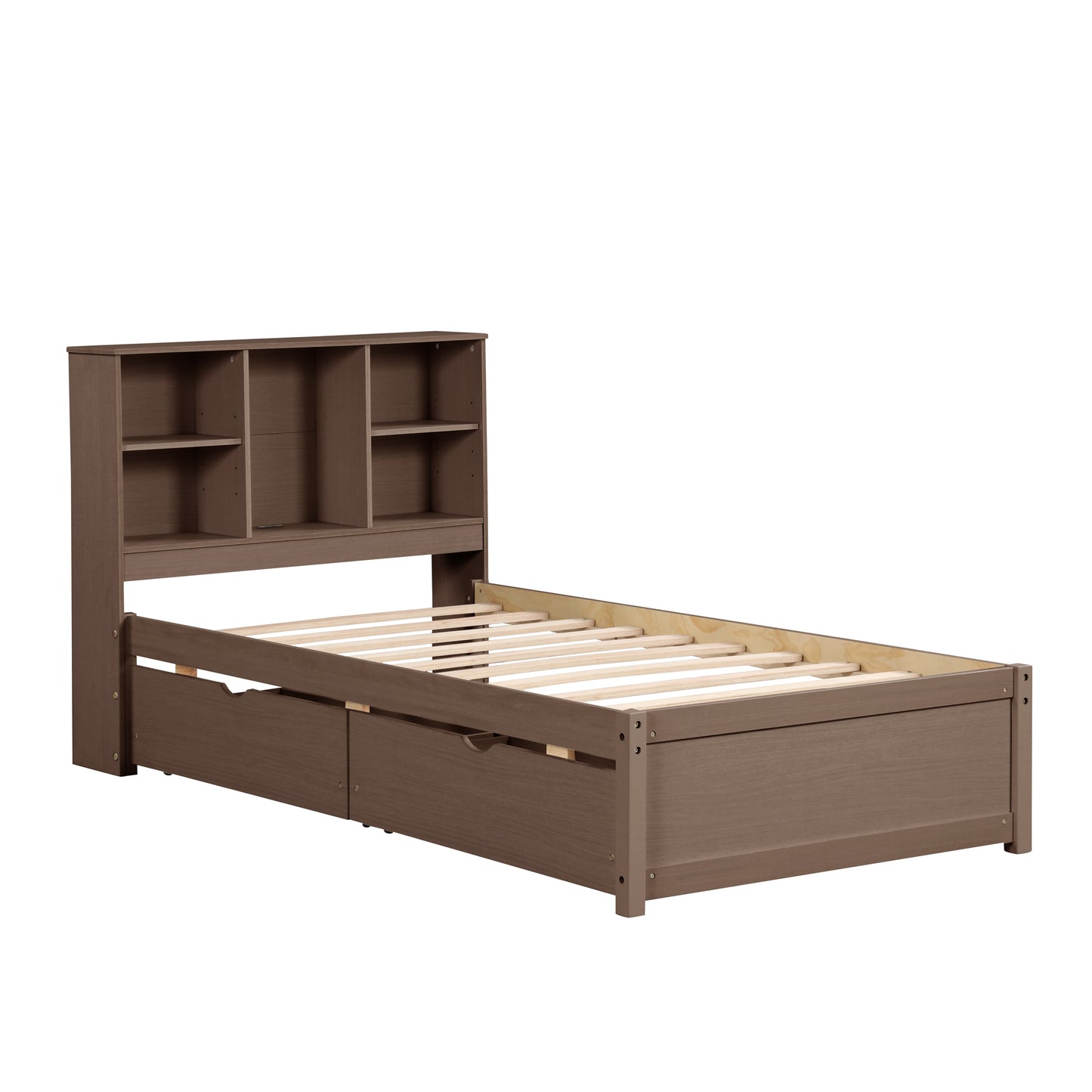 Flynama Twin Walnut Wood Bed Frame Storage with Headboard