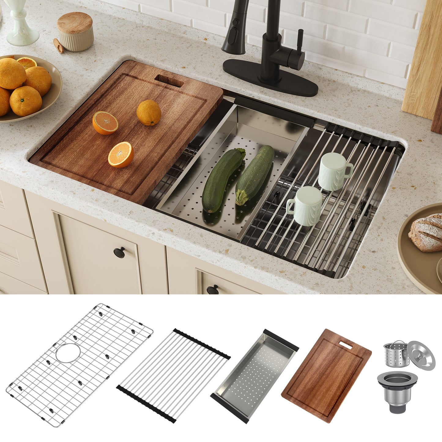 CASAINC Undermount 31-in x 19-in Stainless steel Single bowl 18 -Gauge Workstation Kitchen Sink with Drainboard