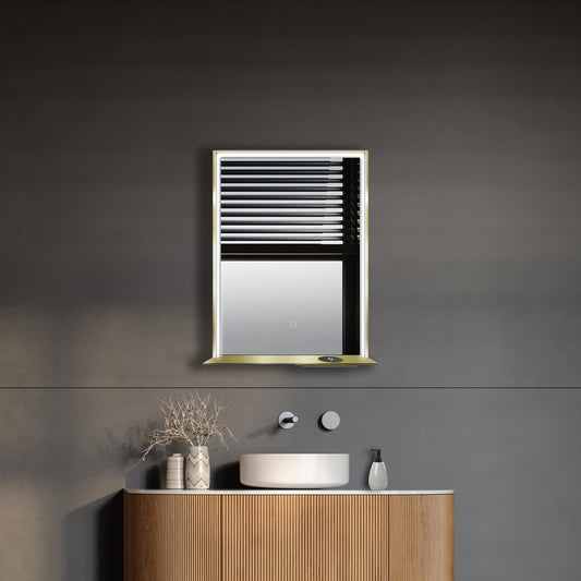 Dreamwerks LED Mirrors 24-in x 32-in Framed Rectangle Dimmable LED Lighted Fog Free Bluetooth Bathroom Vanity Mirror ( Gold )