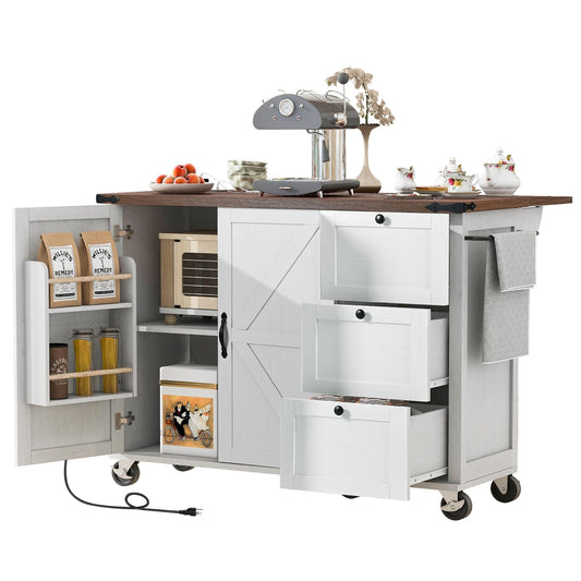Bayfeve White MDF Base with Wood Wood Top Rolling Kitchen Island ( 29 x 54.5 x 36.5 )