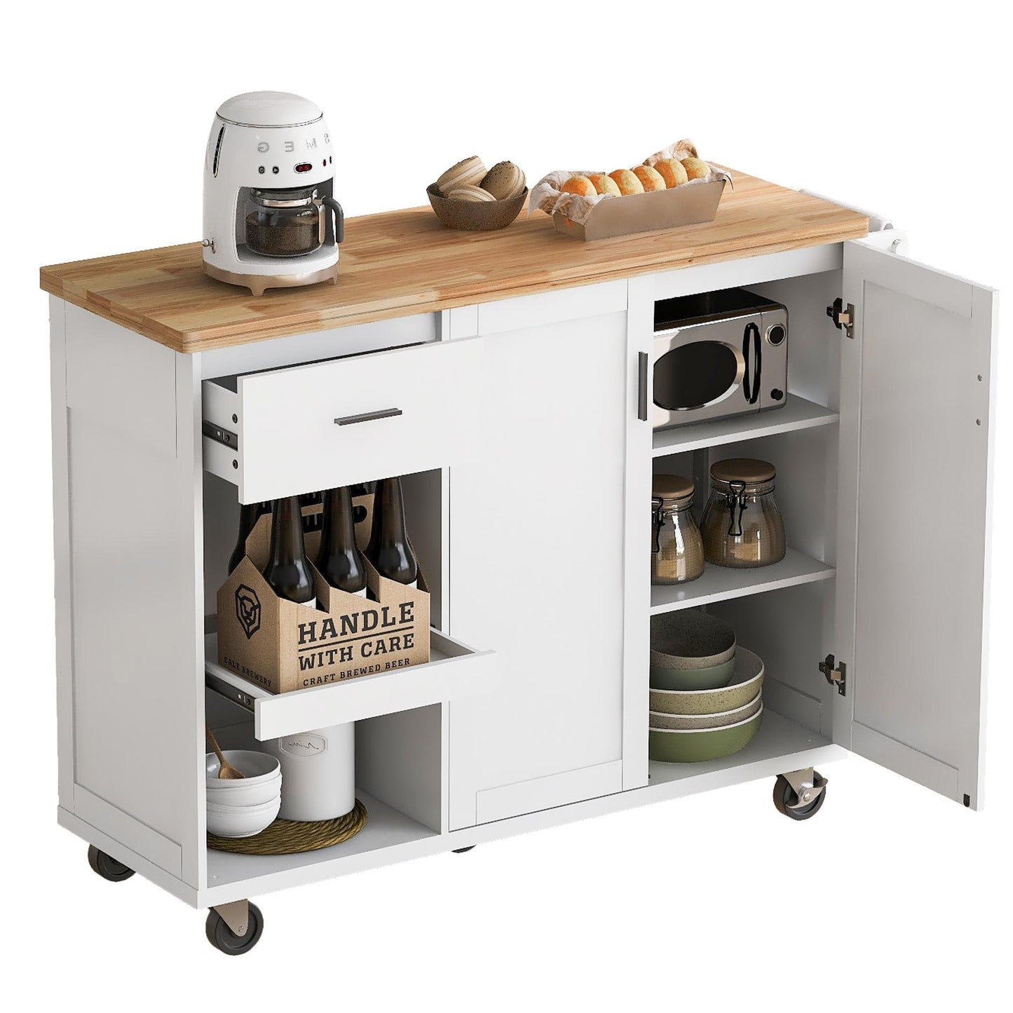 Bayfeve White MDF Base with Wood Wood Top Rolling Kitchen Island ( 33.2 x 49 x 37.5 )