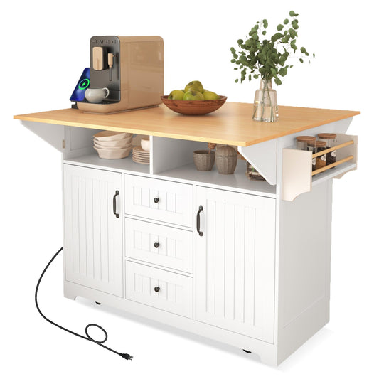 Bayfeve White MDF Base with Wood Wood Top Rolling Kitchen Island ( 34 x 55.7 x 36.5 )
