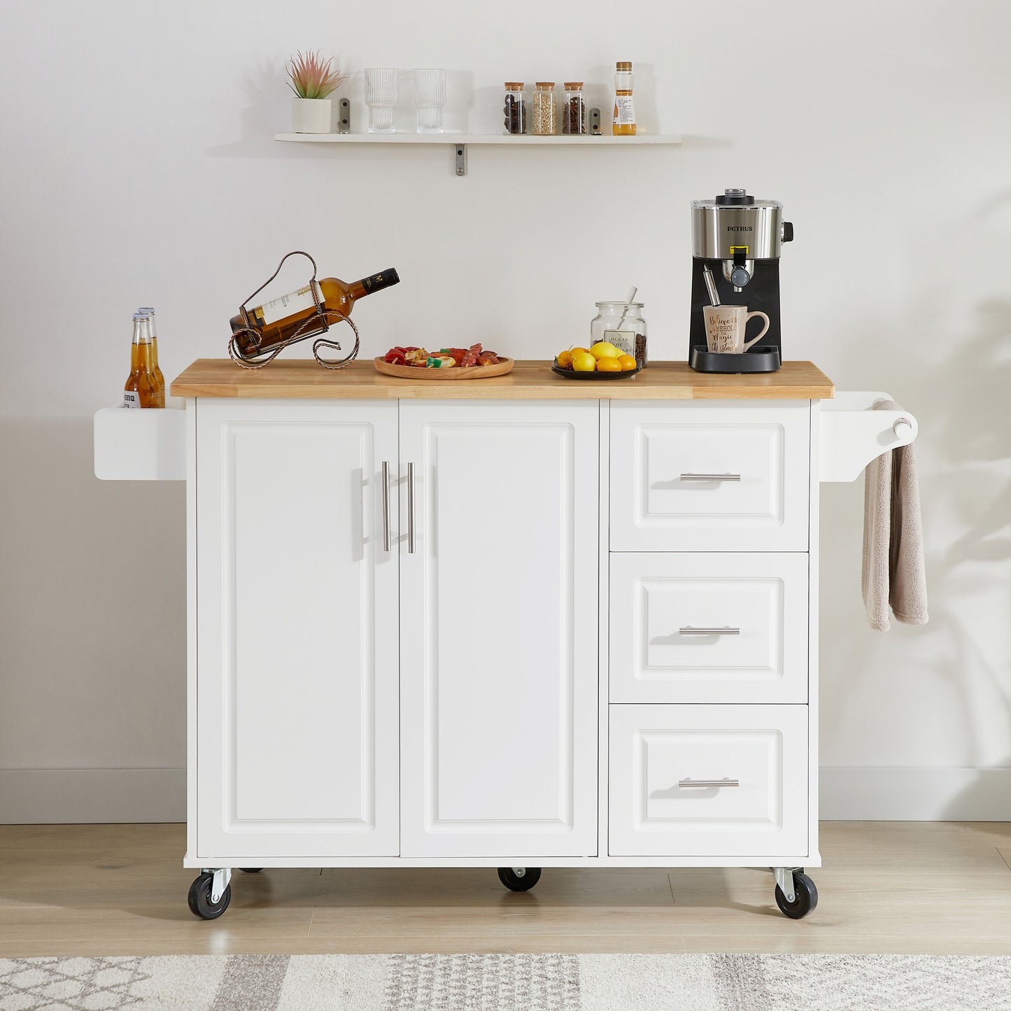 Bayfeve White MDF Base with Wood Wood Top Rolling Kitchen Island ( 18 x 53.8 x 36.5 )