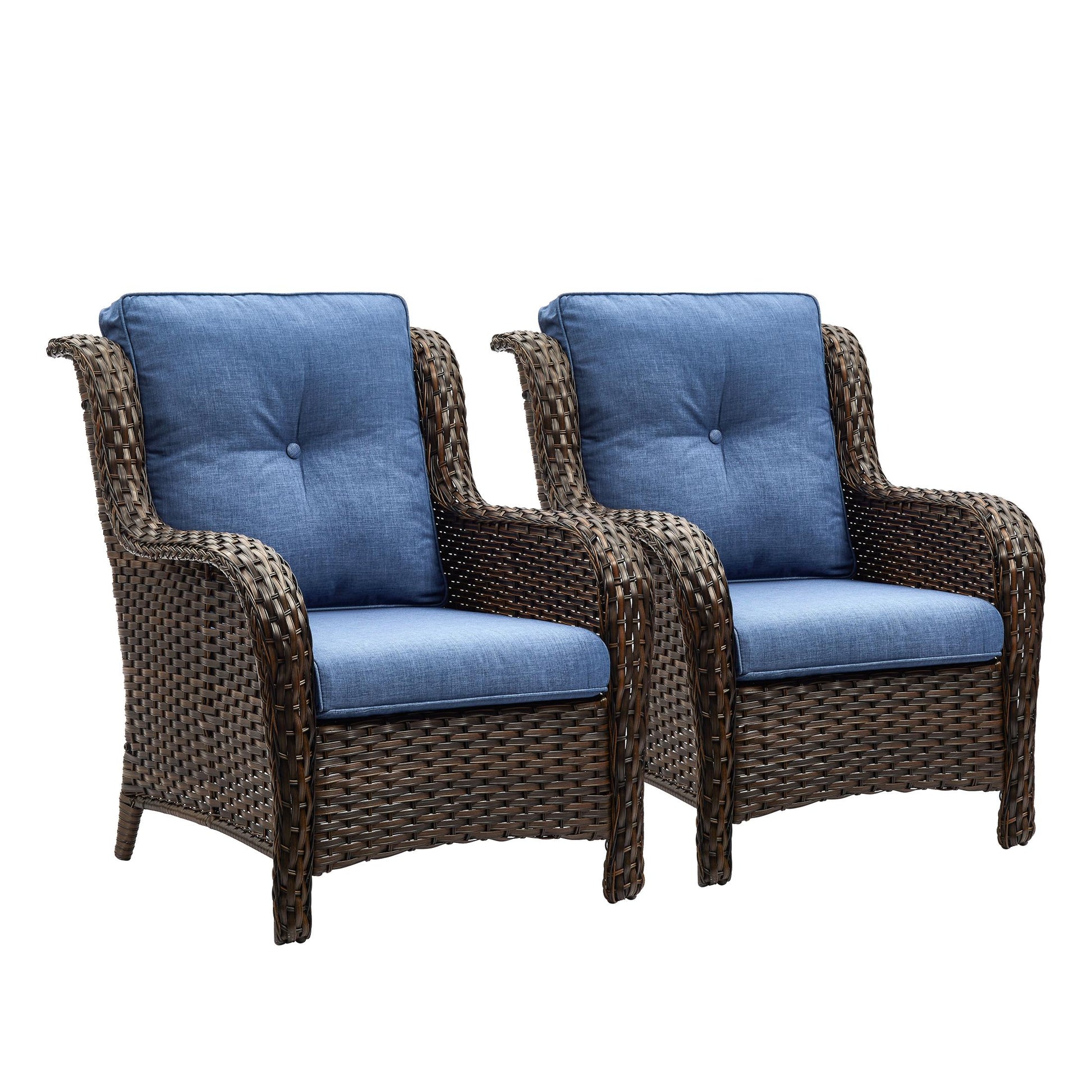 Jeehope PACHAIRS-T Set of 2 Wicker Brown Steel Frame Stationary Conversation Chair with Navy Cushioned Seat