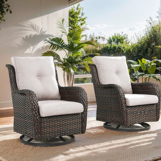Jeehope PACHAIRS-T Set of 2 Wicker Brown Steel Frame Swivel glider Conversation Chair with Beige Cushioned Seat