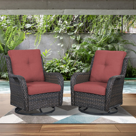 Jeehope PACHAIRS-T Set of 2 Wicker Brown Steel Frame Swivel glider Conversation Chair with Red Cushioned Seat