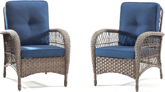 CESICIA Patio Chairs Set of 2 Wicker Blue Steel Frame Stationary Dining Chair with Blue Solid Seat