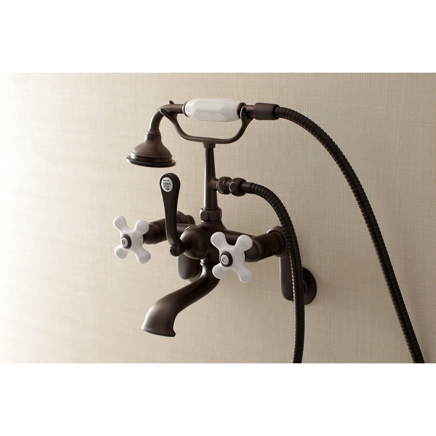 Kingston Brass Aqua Vintage Oil-rubbed bronze 3-handle Wall-mount Low-arc Bathtub Faucet with Hand Shower ( Valve Included )