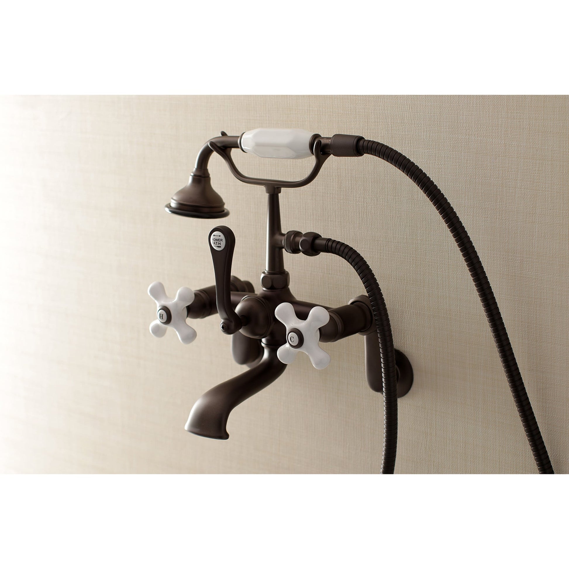 Kingston Brass Aqua Vintage Oil-rubbed bronze 3-handle Wall-mount Low-arc Bathtub Faucet with Hand Shower ( Valve Included )