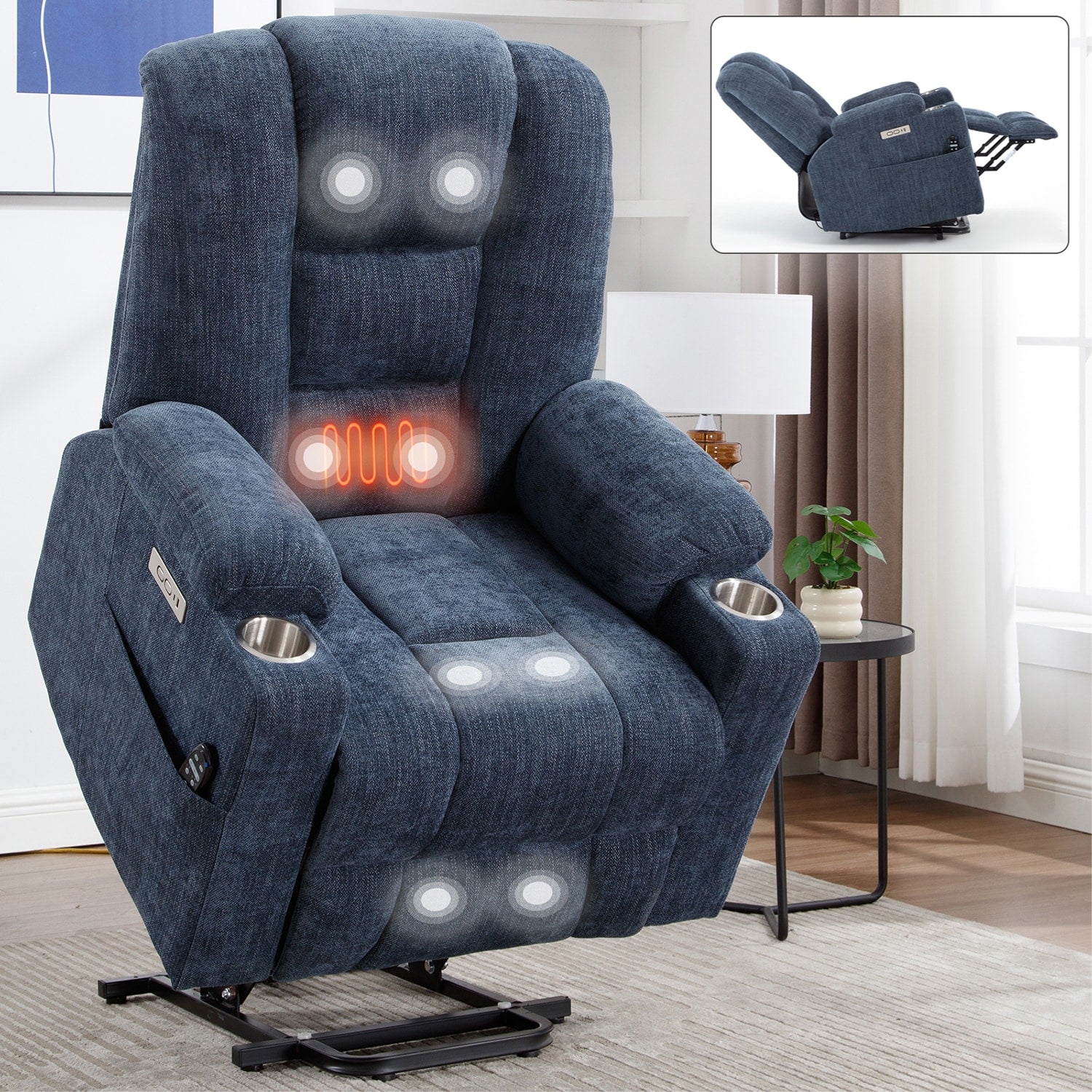 GZMR Electric Massage Heating Power Lift Recliner Chair Dark Blue Chenille Powered Reclining Recliner with Lift Assistance