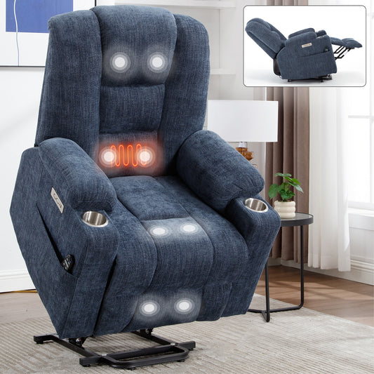 GZMR Electric Massage Heating Power Lift Recliner Chair Dark Blue Chenille Powered Reclining Recliner with Lift Assistance