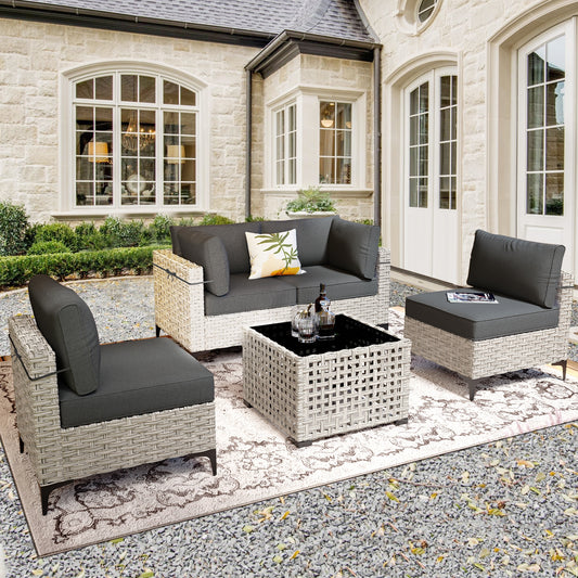Ovios 5 -Piece Wicker Patio Conversation Set with Black Cushions