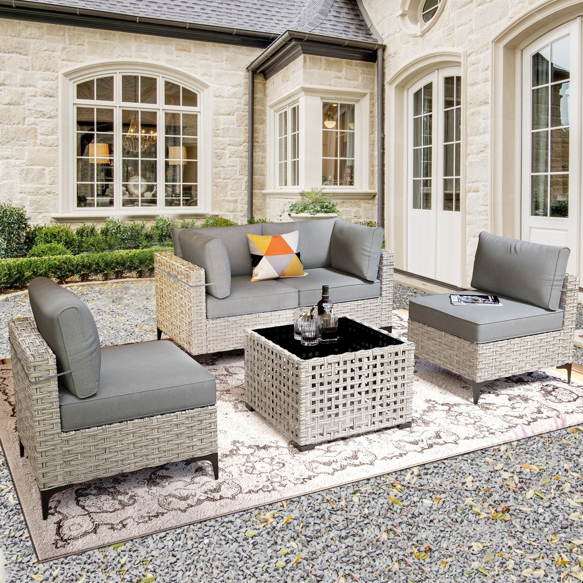 Ovios 5 -Piece Wicker Patio Conversation Set with Dark Gray Cushions
