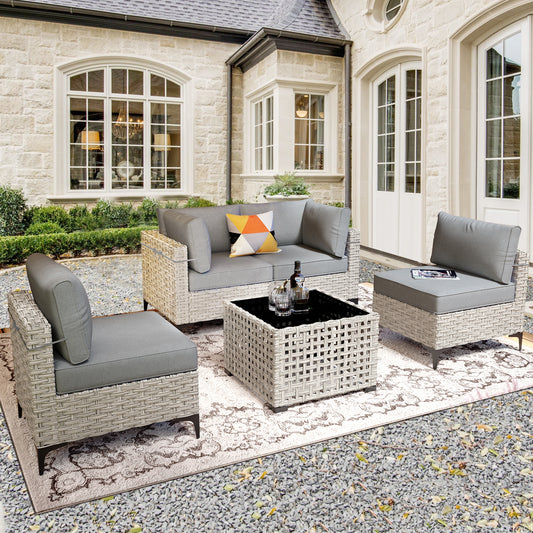 Ovios 5 -Piece Wicker Patio Conversation Set with Dark Gray Cushions