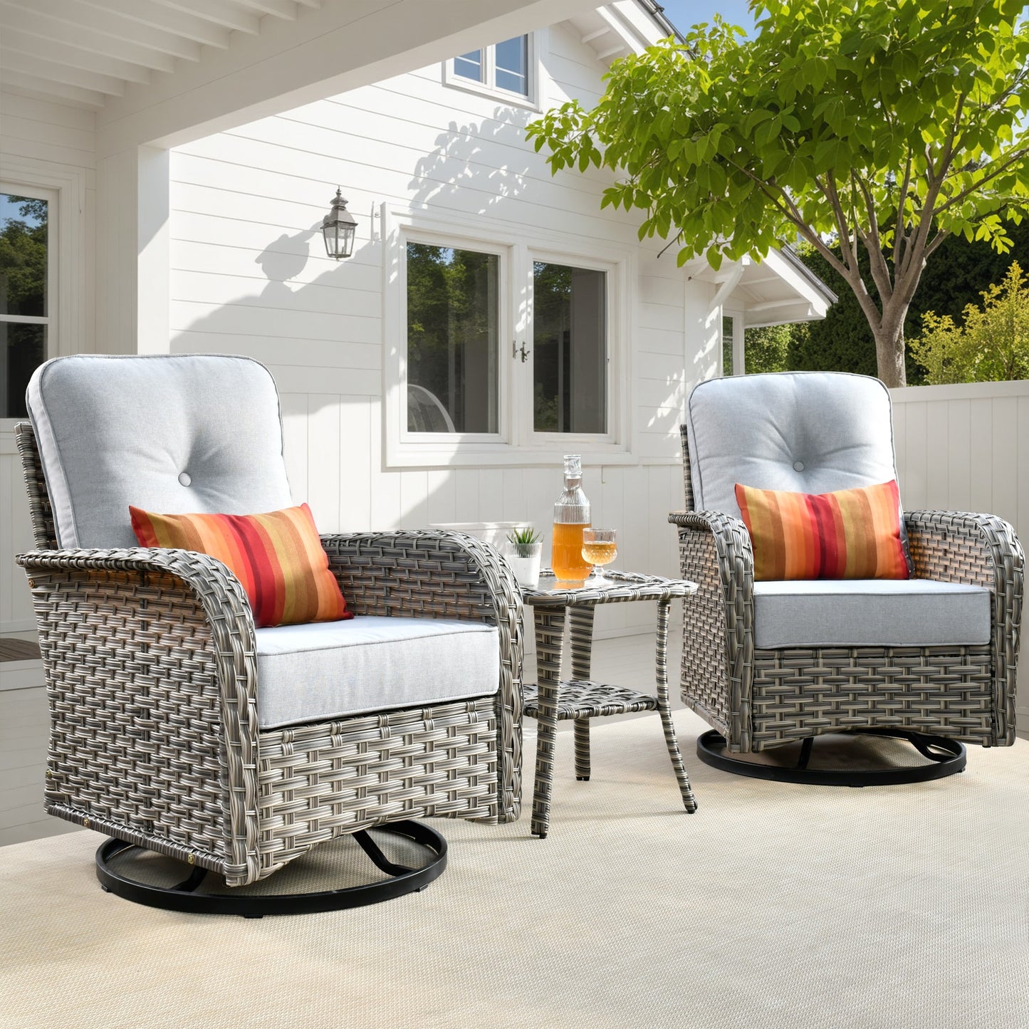 Ovios 3 -Piece Wicker Patio Conversation Set with Light Gray Cushions